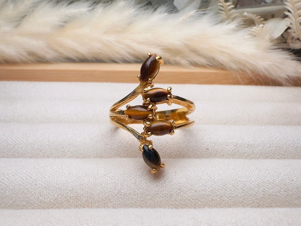 Vintage Tigers Eye Ring, 18k Gold Multi-stone 70s Gold and Brown Gemstone Cocktail Ring, Fitted Size 7 Retro Statement Ring