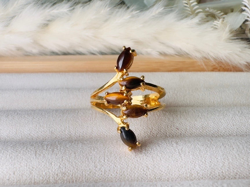 Vintage Tigers Eye Ring, 18k Gold Multi-stone 70s Gold and Brown Gemstone Cocktail Ring, Fitted Size 7 Retro Statement Ring