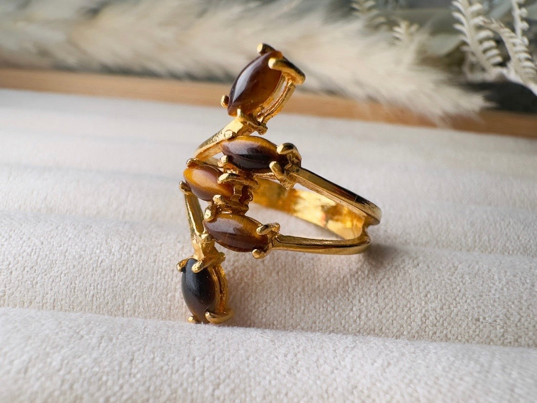 Vintage Tigers Eye Ring, 18k Gold Multi-stone 70s Gold and Brown Gemstone Cocktail Ring, Fitted Size 7 Retro Statement Ring