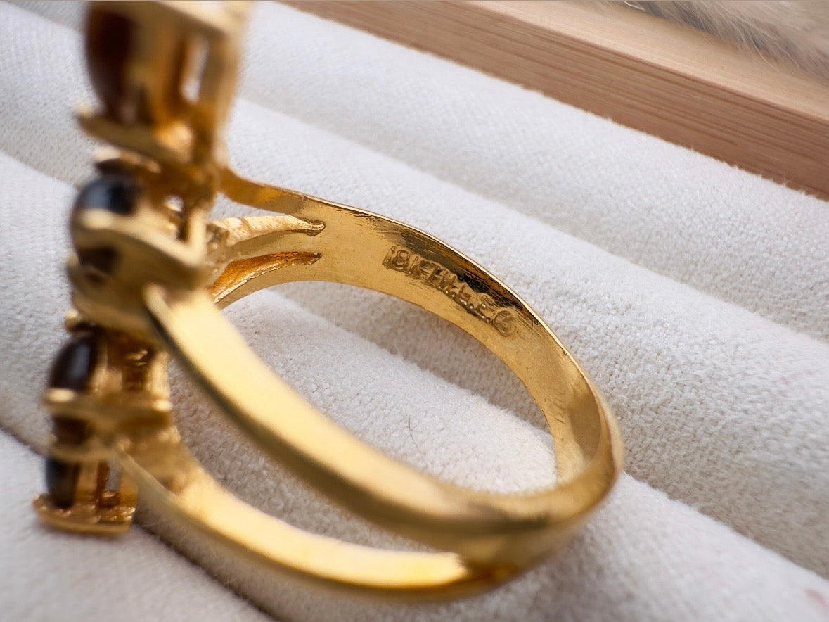 Vintage Tigers Eye Ring, 18k Gold Multi-stone 70s Gold and Brown Gemstone Cocktail Ring, Fitted Size 7 Retro Statement Ring