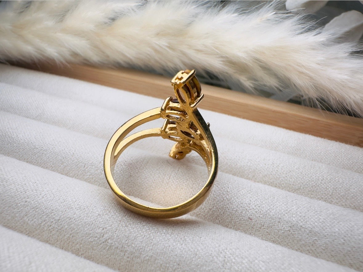 Vintage Tigers Eye Ring, 18k Gold Multi-stone 70s Gold and Brown Gemstone Cocktail Ring, Fitted Size 7 Retro Statement Ring