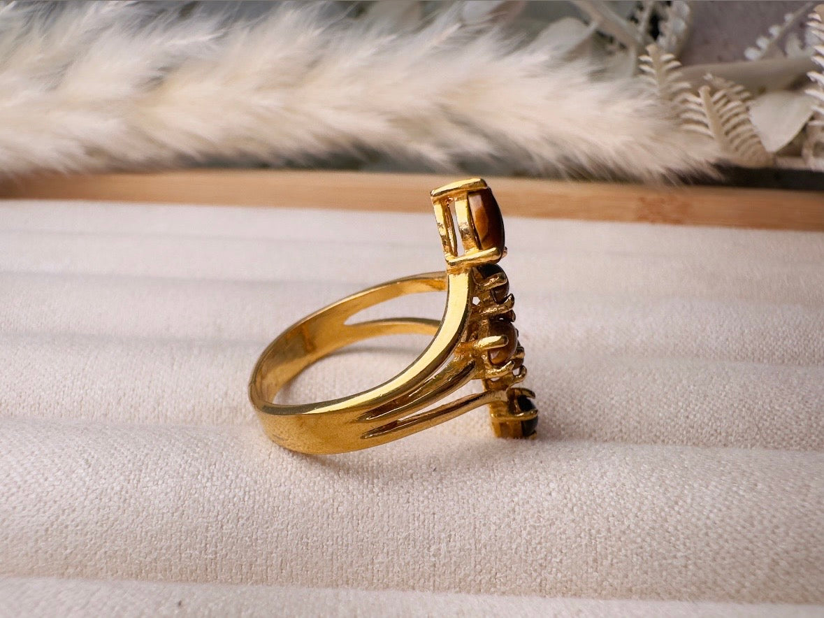 Vintage Tigers Eye Ring, 18k Gold Multi-stone 70s Gold and Brown Gemstone Cocktail Ring, Fitted Size 7 Retro Statement Ring