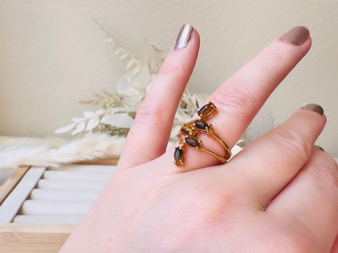 Vintage Tigers Eye Ring, 18k Gold Multi-stone 70s Gold and Brown Gemstone Cocktail Ring, Fitted Size 7 Retro Statement Ring