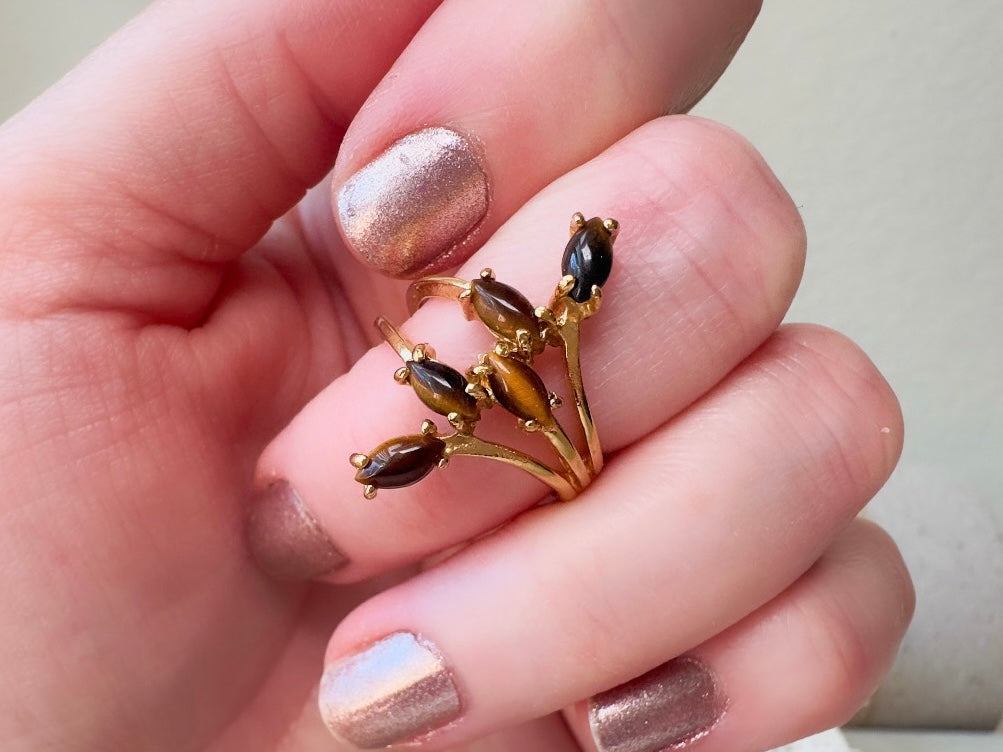 Vintage Tigers Eye Ring, 18k Gold Multi-stone 70s Gold and Brown Gemstone Cocktail Ring, Fitted Size 7 Retro Statement Ring