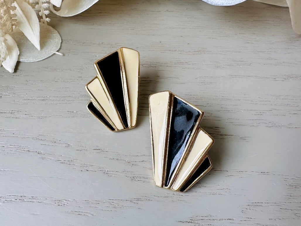 Vintage Trifari Art Deco Earrings, 1980s Black and Cream Enamel Pierced Post Earrings