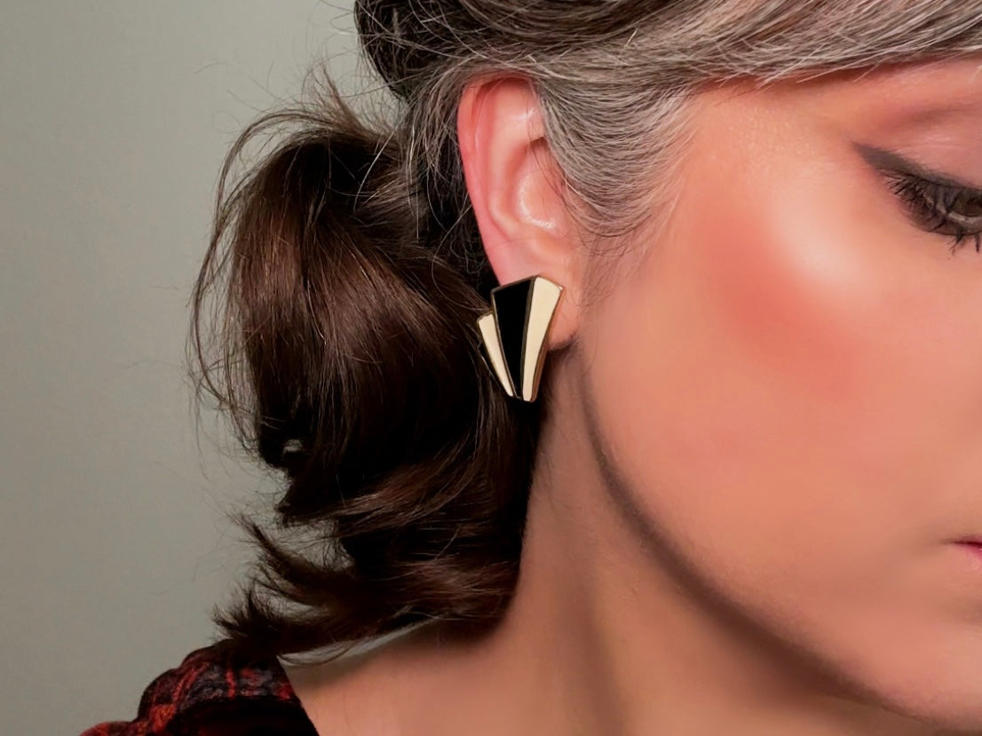 Vintage Trifari Art Deco Earrings, 1980s Black and Cream Enamel Pierced Post Earrings