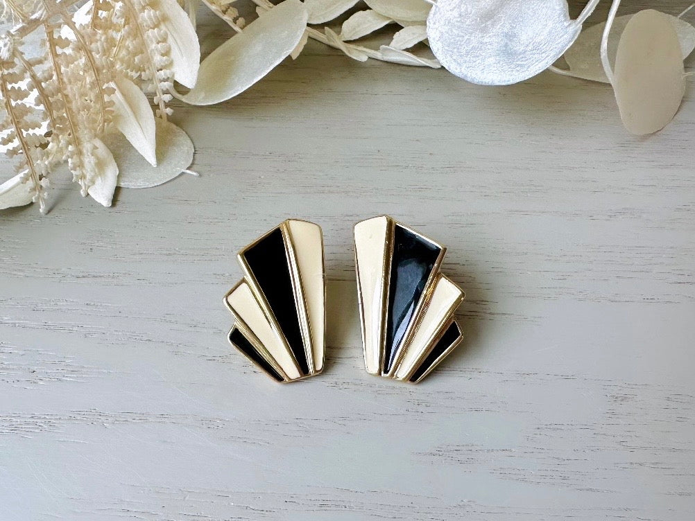 Vintage Trifari Art Deco Earrings, 1980s Black and Cream Enamel Pierced Post Earrings