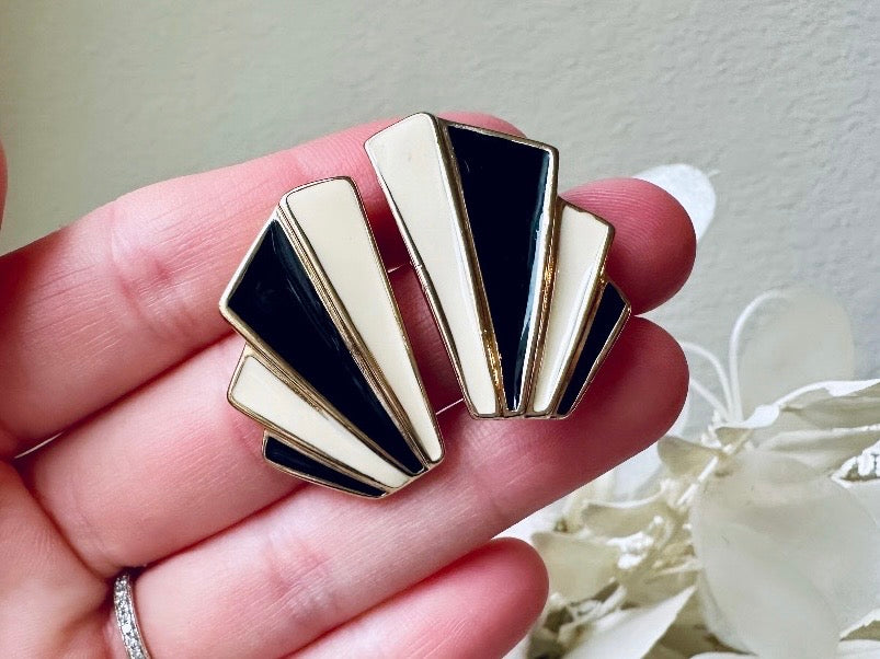 Vintage Trifari Art Deco Earrings, 1980s Black and Cream Enamel Pierced Post Earrings