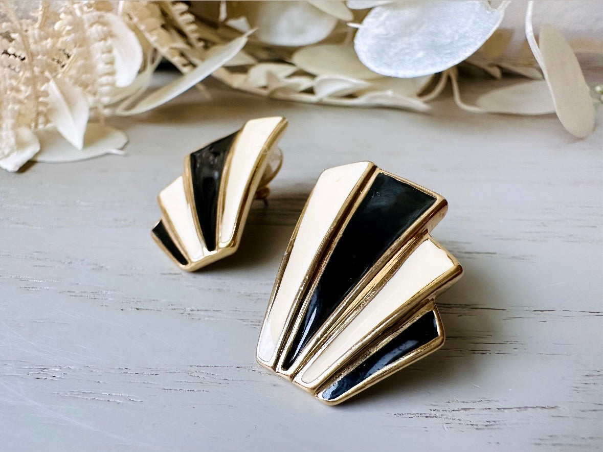 Vintage Trifari Art Deco Earrings, 1980s Black and Cream Enamel Pierced Post Earrings
