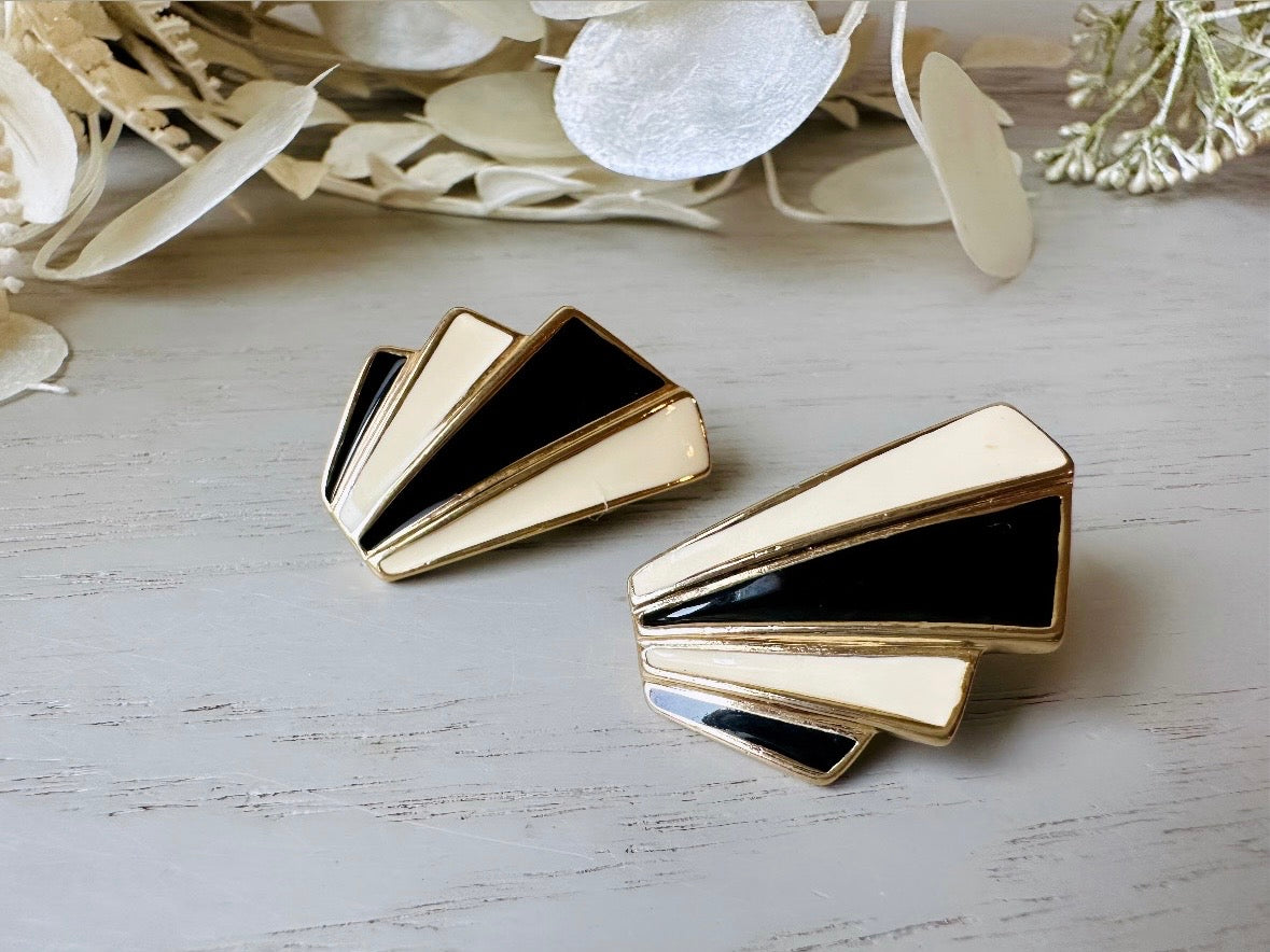 Vintage Trifari Art Deco Earrings, 1980s Black and Cream Enamel Pierced Post Earrings