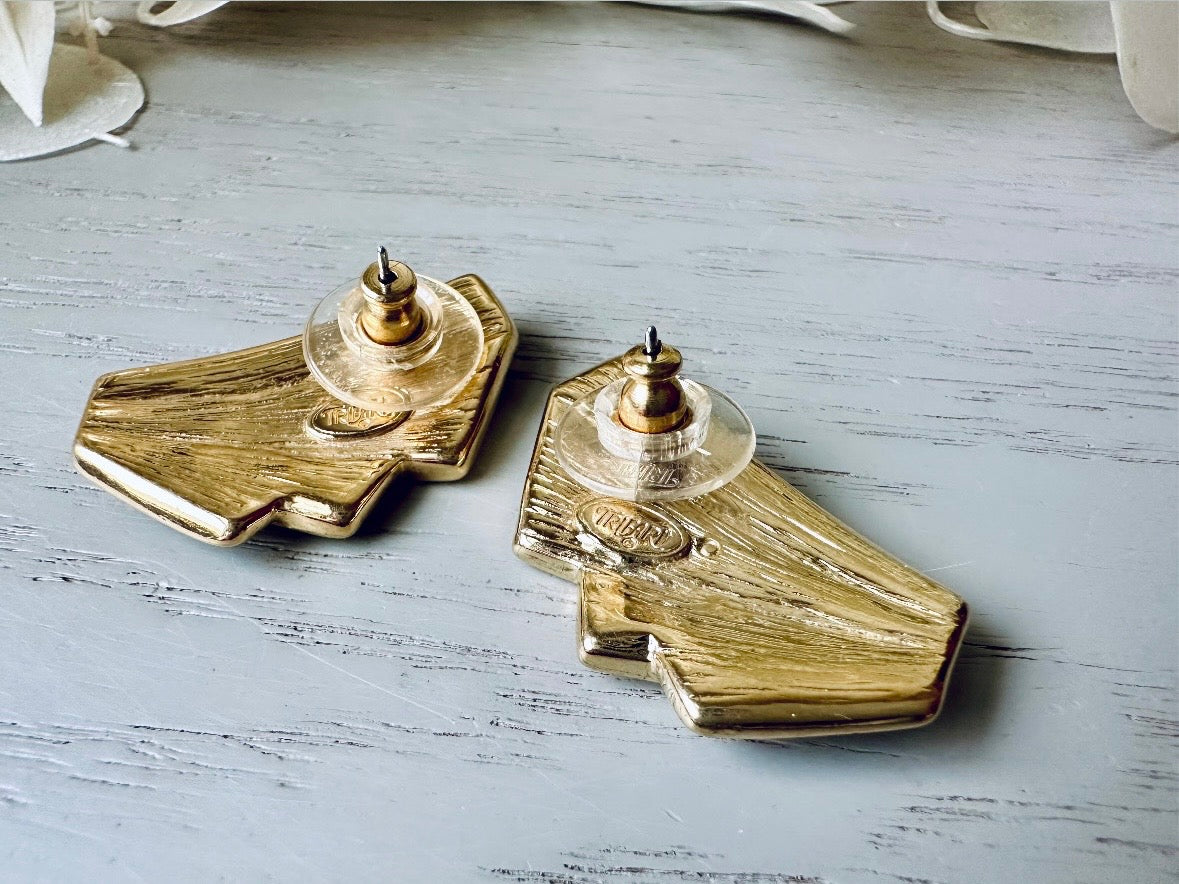 Vintage Trifari Art Deco Earrings, 1980s Black and Cream Enamel Pierced Post Earrings