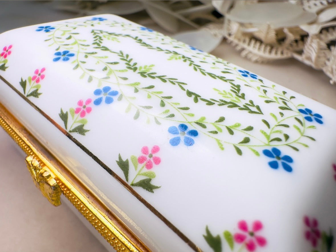 Vintage Trinket Box, Floral Porcelain Vanity Dresser Mini Jewelry Box White with Blue and Pink Flowers