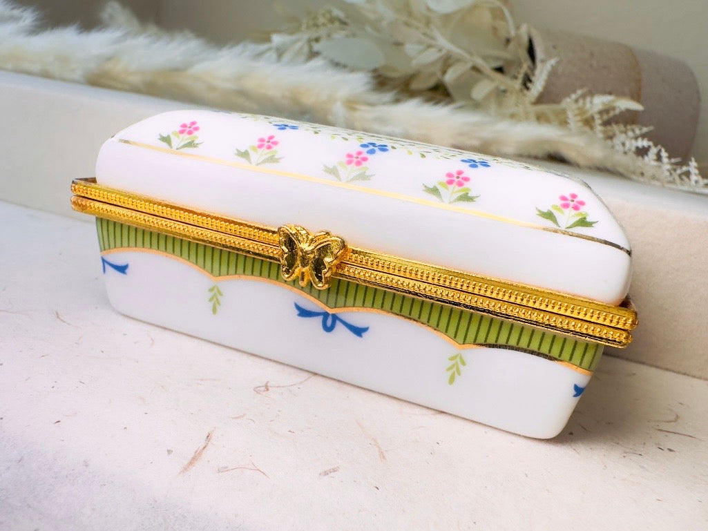 Vintage Trinket Box, Floral Porcelain Vanity Dresser Mini Jewelry Box White with Blue and Pink Flowers