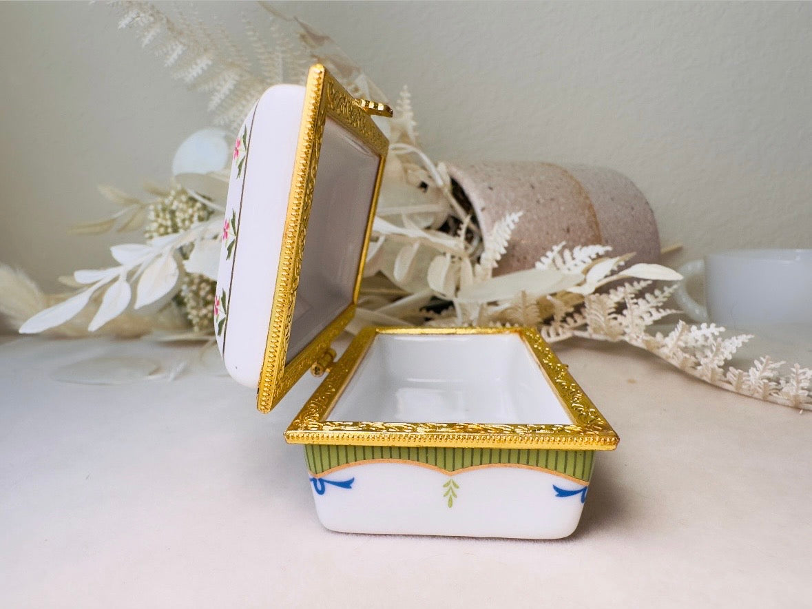 Vintage Trinket Box, Floral Porcelain Vanity Dresser Mini Jewelry Box White with Blue and Pink Flowers