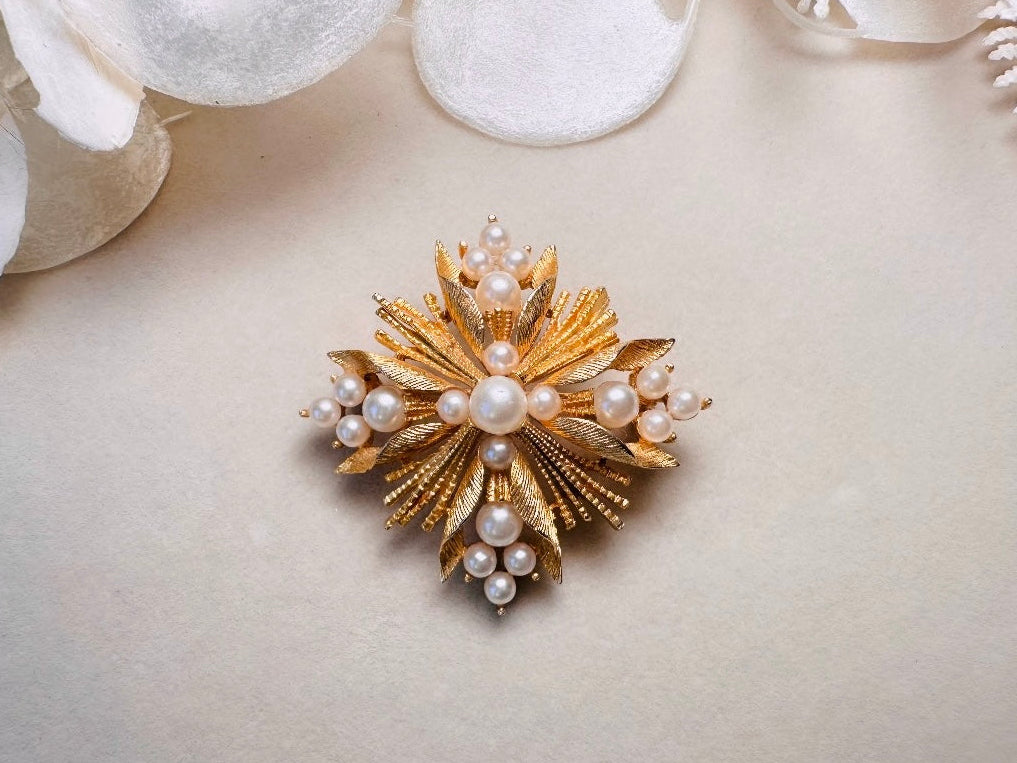 Vintage Victorian Brooch, Lisner Designer Gold Starburst Brooch with Pearl Accents, Glamorous Regency Era North Star Brooch Pin