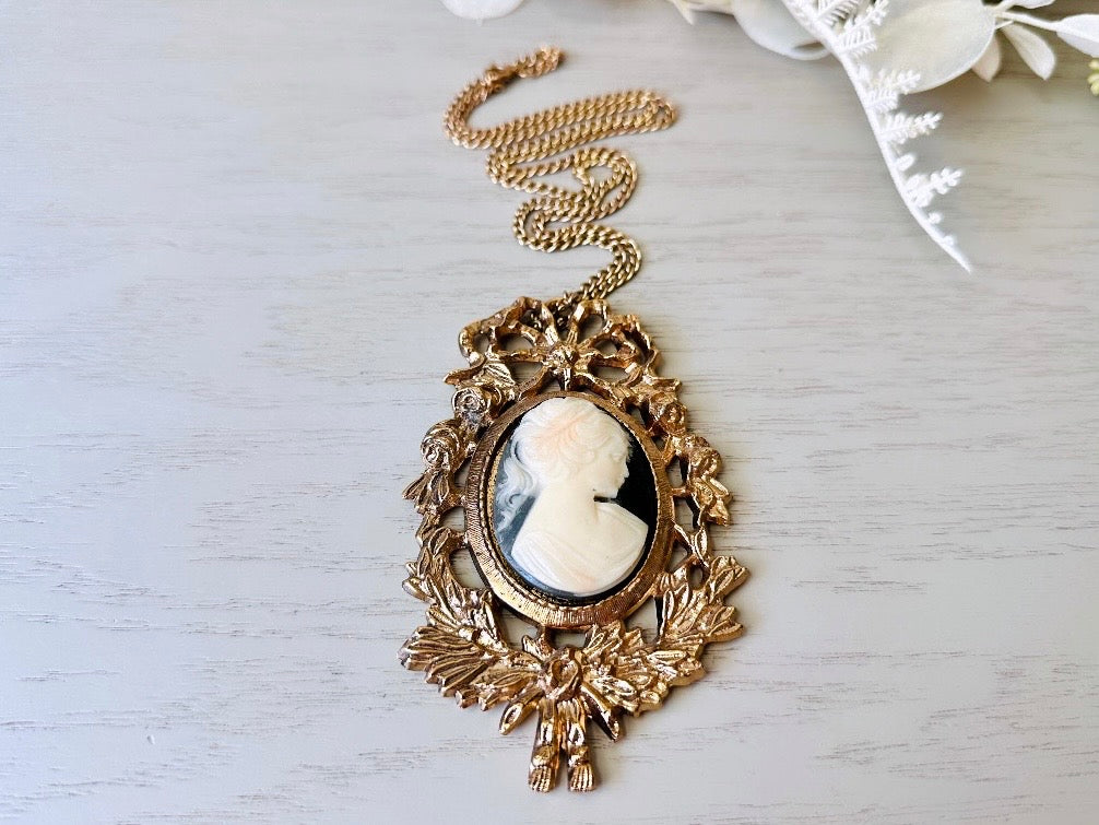 Vintage Victorian Cameo Necklace, Oversized Antique Gold Black and Cream Victorian Revival Statement Necklace