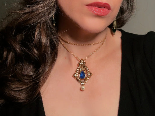 Vintage Victorian Necklace with Simulated Sapphire and Pearls, Long Gold Regency Revival Pendant  Necklace