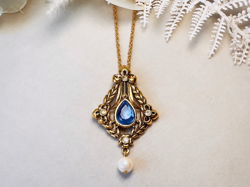 Vintage Victorian Necklace with Simulated Sapphire and Pearls, Long Gold Regency Revival Pendant  Necklace