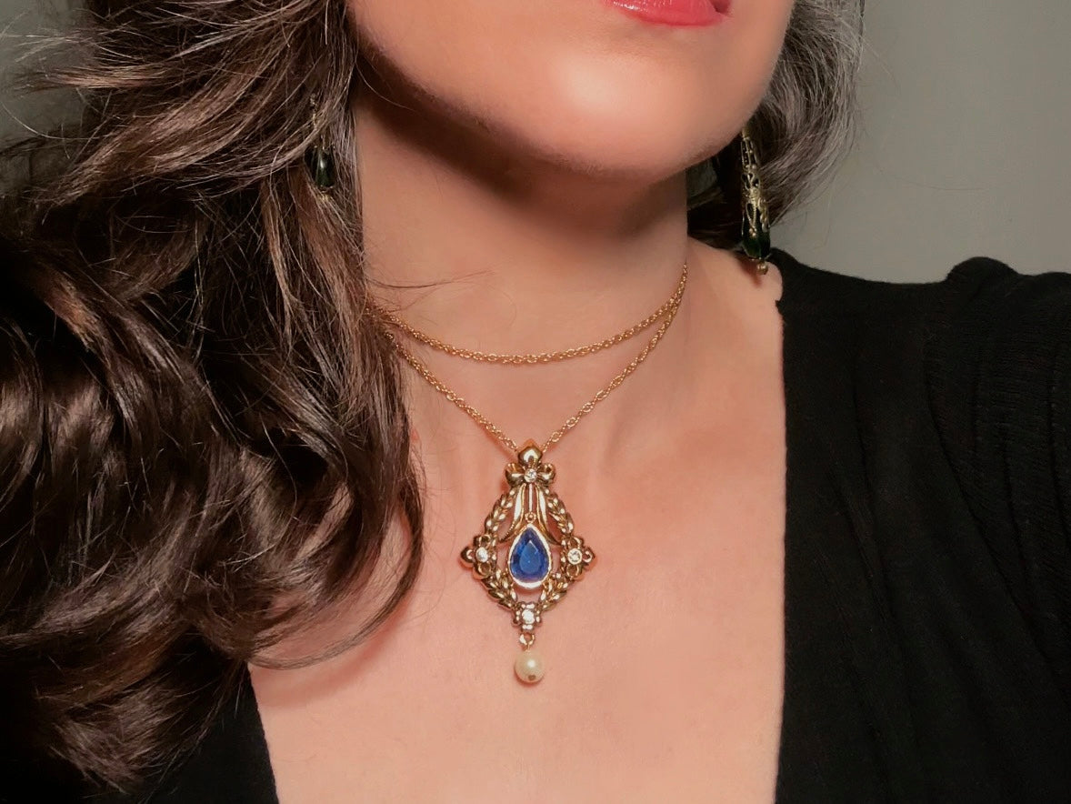 Vintage Victorian Necklace with Simulated Sapphire and Pearls, Long Gold Regency Revival Pendant  Necklace