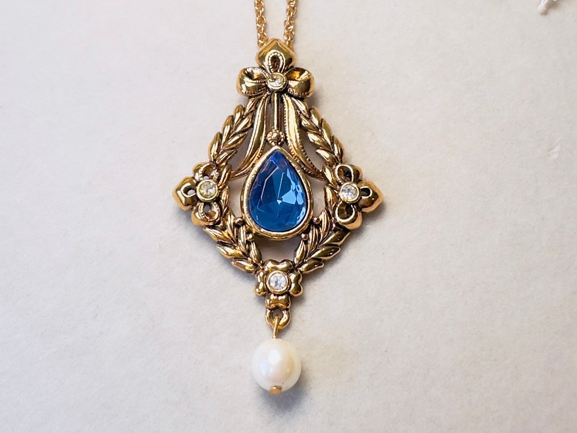 Vintage Victorian Necklace with Simulated Sapphire and Pearls, Long Gold Regency Revival Pendant  Necklace