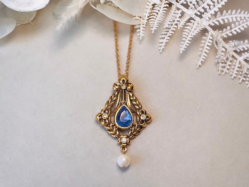 Vintage Victorian Necklace with Simulated Sapphire and Pearls, Long Gold Regency Revival Pendant  Necklace