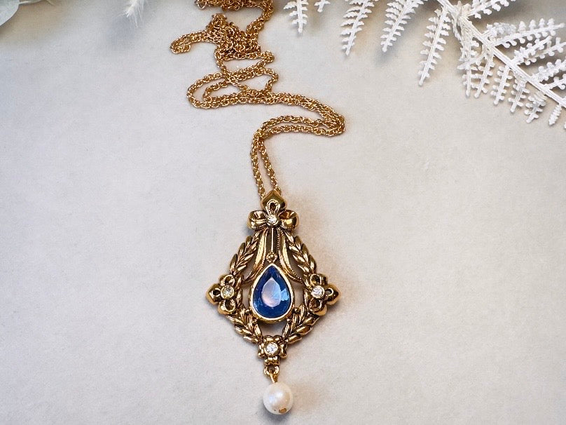 Vintage Victorian Necklace with Simulated Sapphire and Pearls, Long Gold Regency Revival Pendant  Necklace