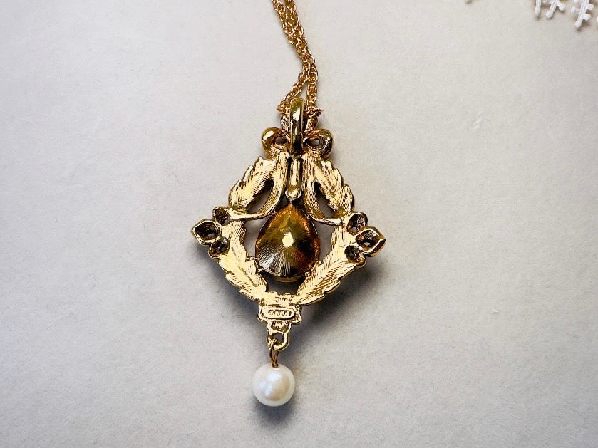 Vintage Victorian Necklace with Simulated Sapphire and Pearls, Long Gold Regency Revival Pendant  Necklace
