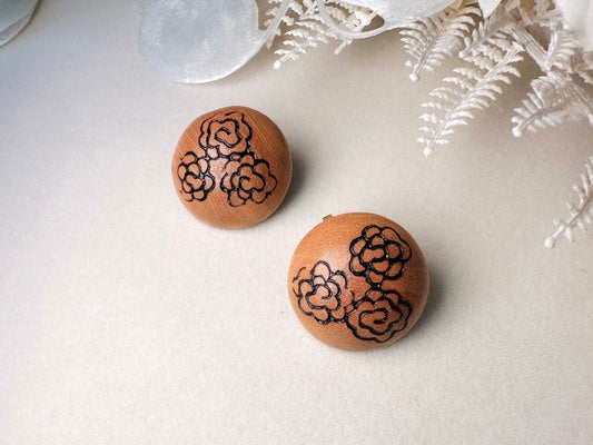Vintage Wood Burned 1970s Earrings, Vintage 70s Bohemian Wooden Button Clip On Earrings