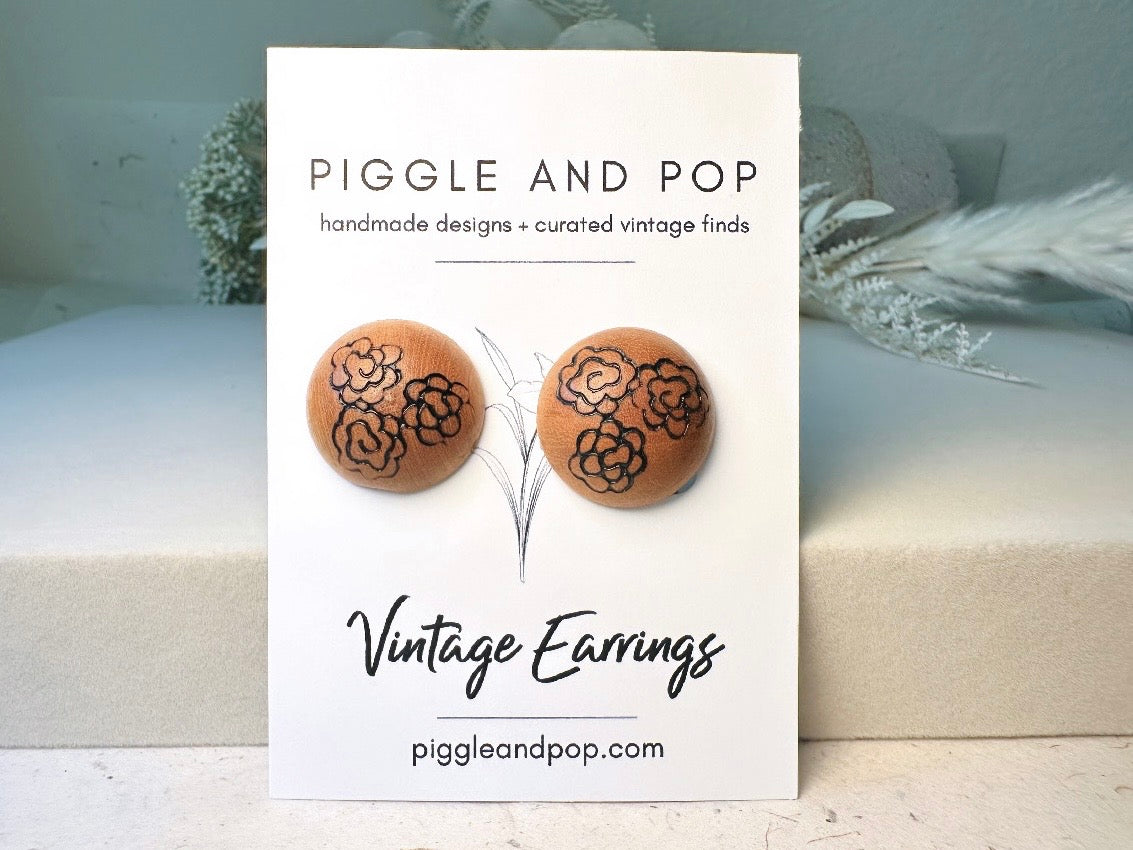 Vintage Wood Burned 1970s Earrings, Vintage 70s Bohemian Wooden Button Clip On Earrings