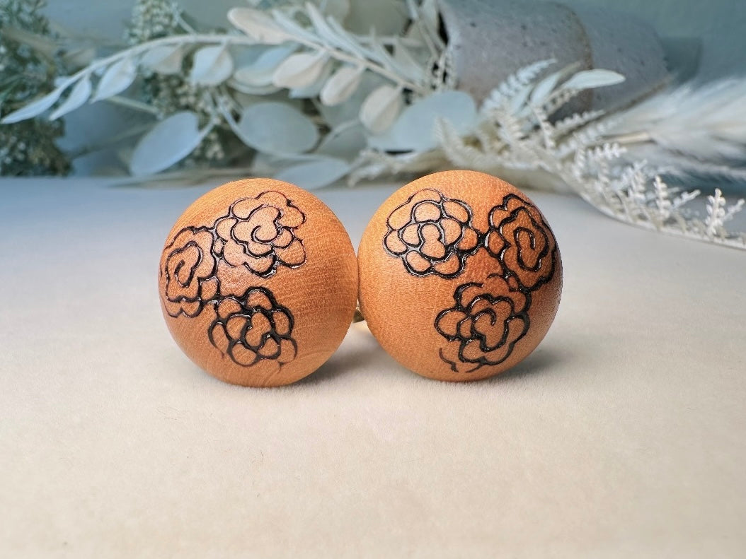 Vintage Wood Burned 1970s Earrings, Vintage 70s Bohemian Wooden Button Clip On Earring 
