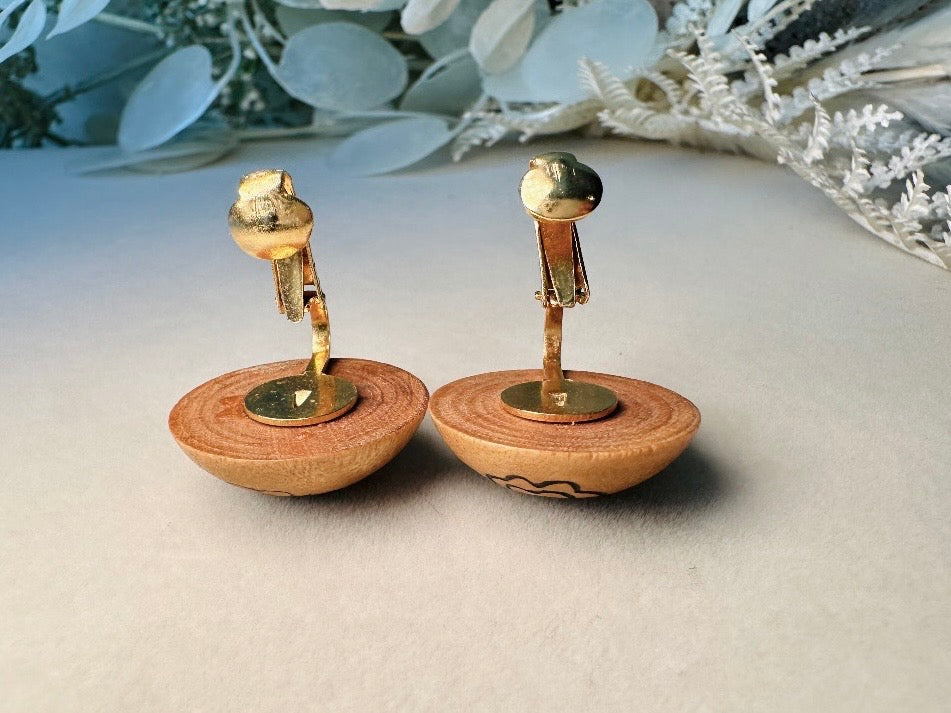 Vintage Wood Burned 1970s Earrings, Vintage 70s Bohemian Wooden Button Clip On Earring 