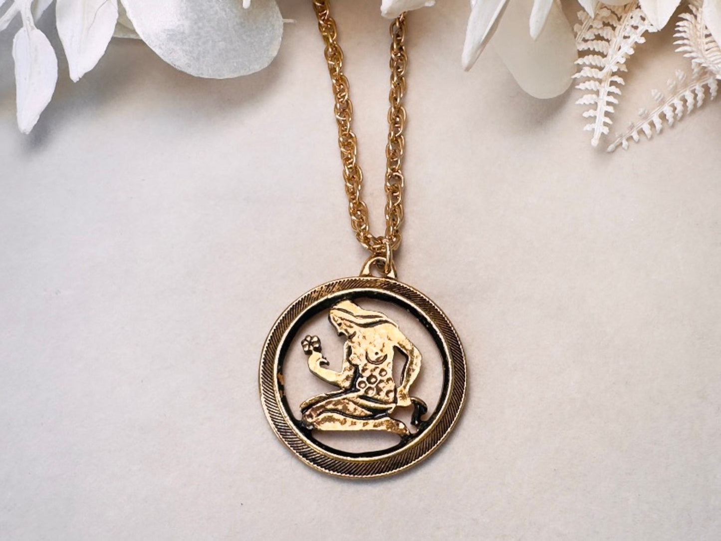 Virgo Pendant Necklace, Vintage Zodiac Necklace, Antique Gold August September Astrology Jewelry