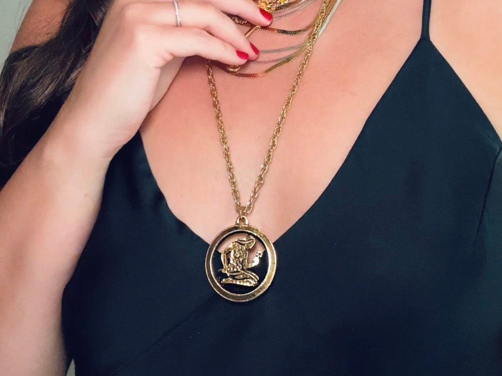 Virgo Pendant Necklace, Vintage Zodiac Necklace, Antique Gold August September Astrology Jewelry