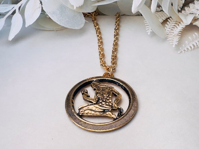 Virgo Pendant Necklace, Vintage Zodiac Necklace, Antique Gold August September Astrology Jewelry