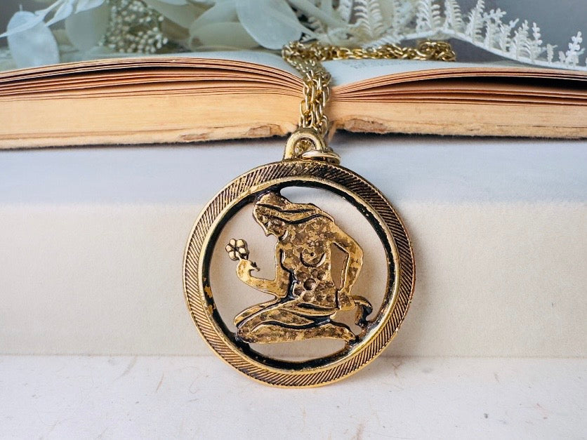 Virgo Pendant Necklace, Vintage Zodiac Necklace, Antique Gold August September Astrology Jewelry