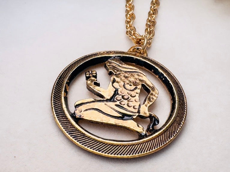 Virgo Pendant Necklace, Vintage Zodiac Necklace, Antique Gold August September Astrology Jewelry