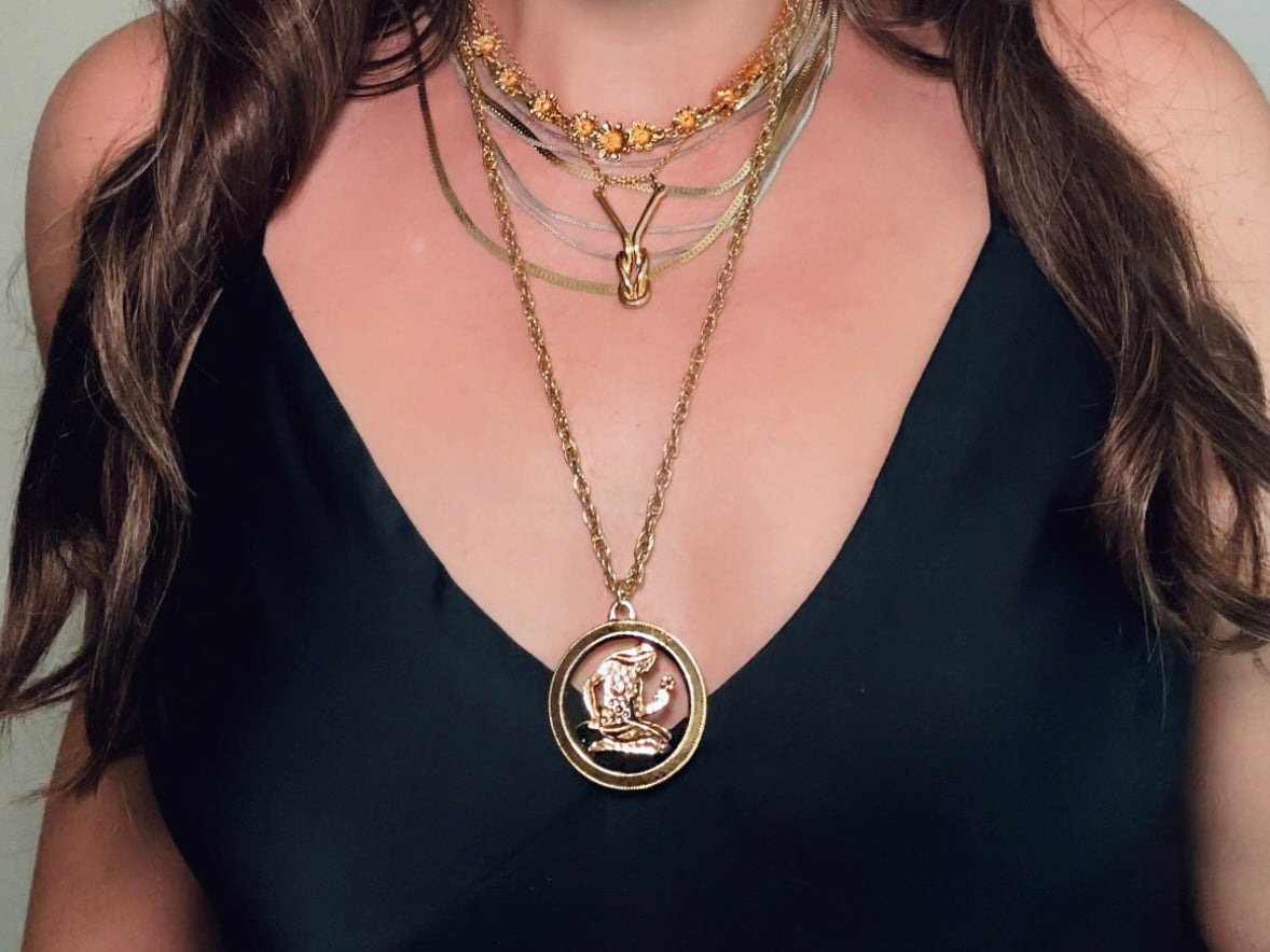 Virgo Pendant Necklace, Vintage Zodiac Necklace, Antique Gold August September Astrology Jewelry
