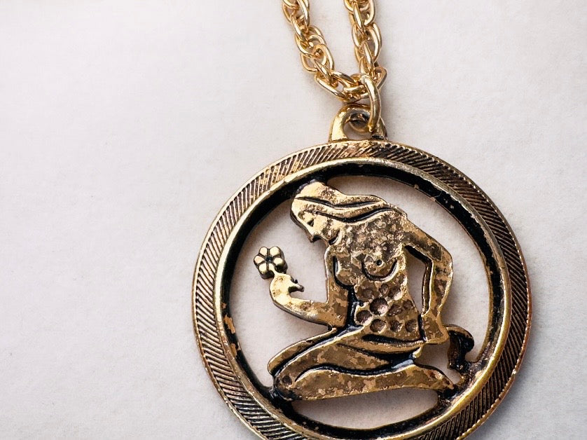 Virgo Pendant Necklace, Vintage Zodiac Necklace, Antique Gold August September Astrology Jewelry