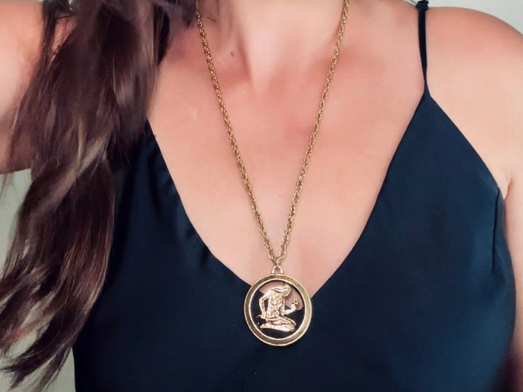 Virgo Pendant Necklace, Vintage Zodiac Necklace, Antique Gold August September Astrology Jewelry