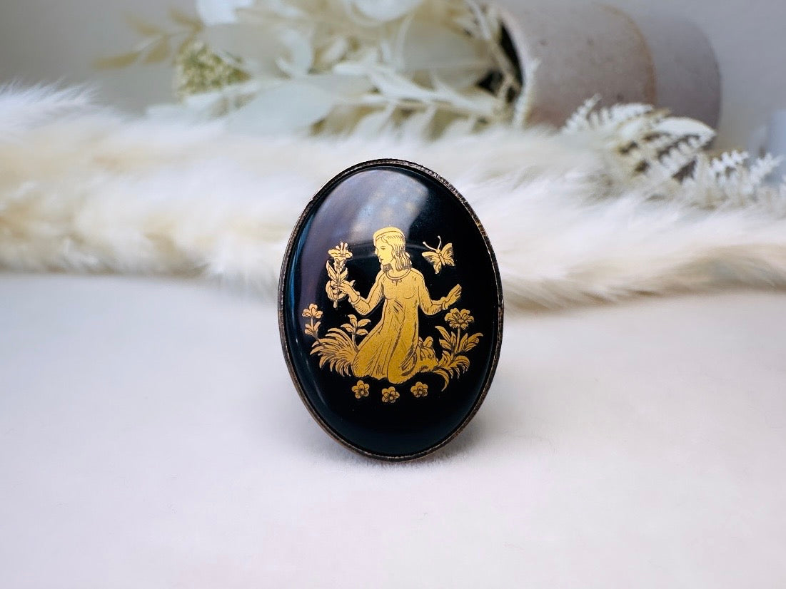 Virgo Zodiac Ring, Vintage Black Glass Astrology Ring, August September Birthday Gift, Adjustable Thick Band Antique Bronze Ring