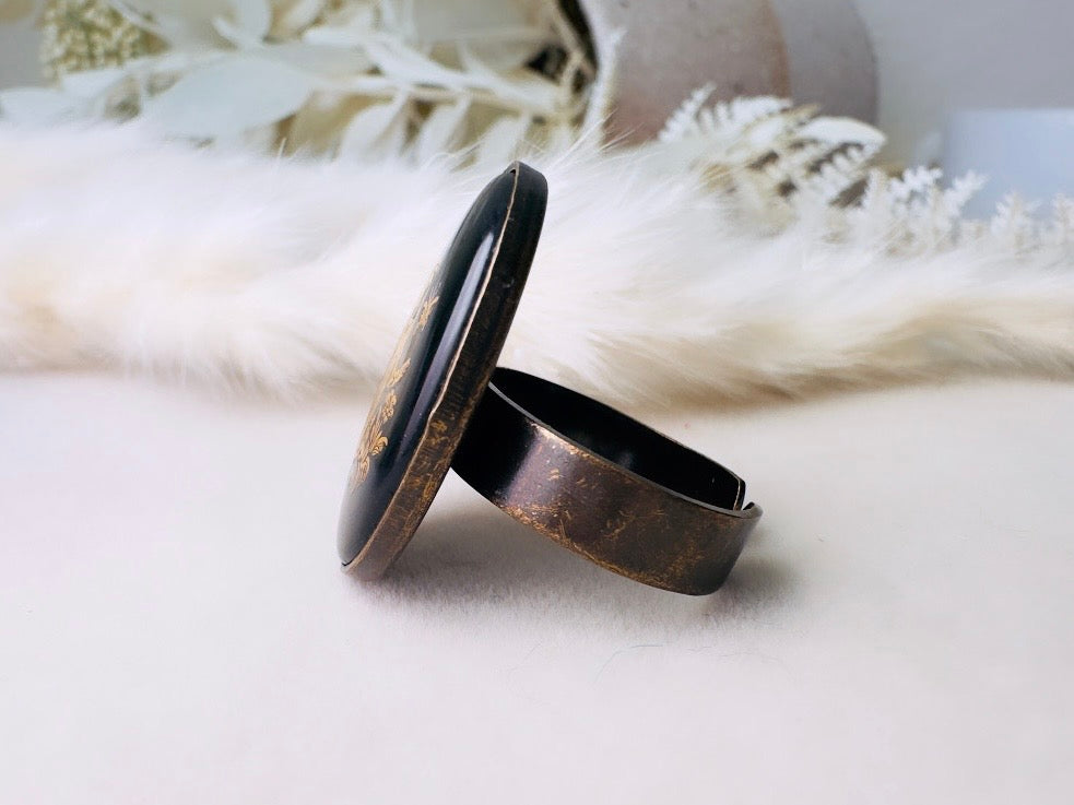 Virgo Zodiac Ring, Vintage Black Glass Astrology Ring, August September Birthday Gift, Adjustable Thick Band Antique Bronze Ring