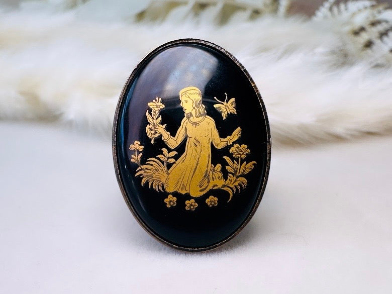 Virgo Zodiac Ring, Vintage Black Glass Astrology Ring, August September Birthday Gift, Adjustable Thick Band Antique Bronze Ring 