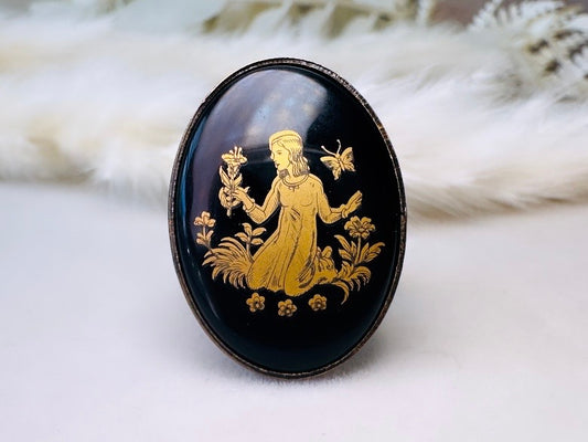 Virgo Zodiac Ring, Vintage Black Glass Astrology Ring, August September Birthday Gift, Adjustable Thick Band Antique Bronze Ring 