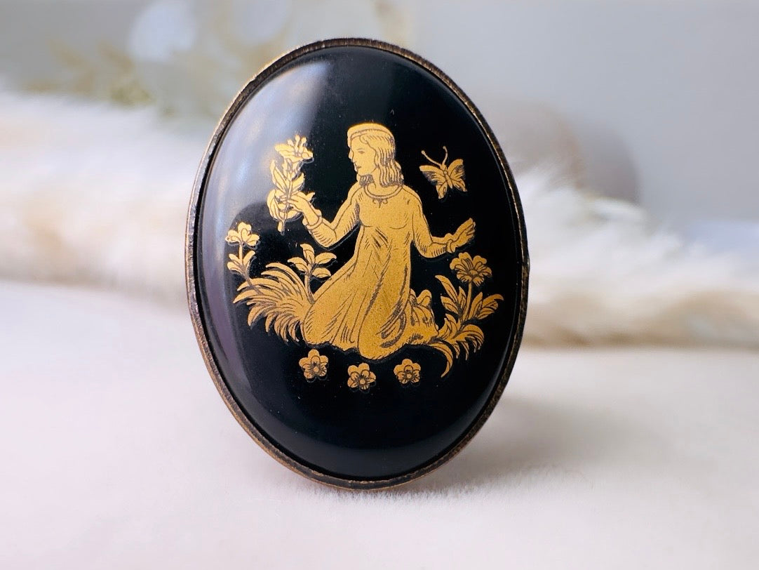 Virgo Zodiac Ring, Vintage Black Glass Astrology Ring, August September Birthday Gift, Adjustable Thick Band Antique Bronze Ring