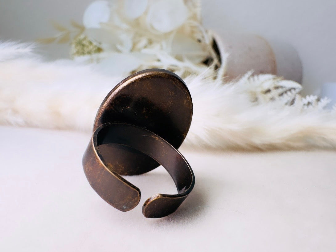 Virgo Zodiac Ring, Vintage Black Glass Astrology Ring, August September Birthday Gift, Adjustable Thick Band Antique Bronze Ring