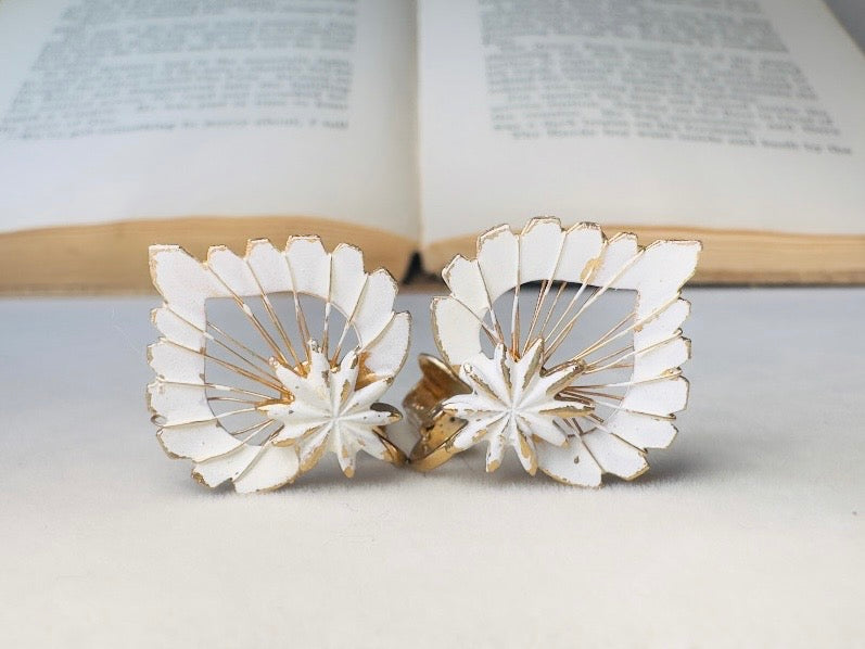 White Enamel Leaf Earrings, Vintage Whimsigoth Jewelry, Unique Gold Wire Work Clip On Earrings