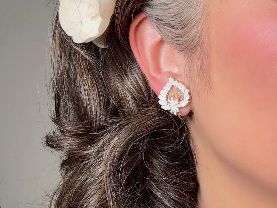 White Enamel Leaf Earrings, Vintage Whimsigoth Jewelry, Unique Gold Wire Work Clip On Earrings