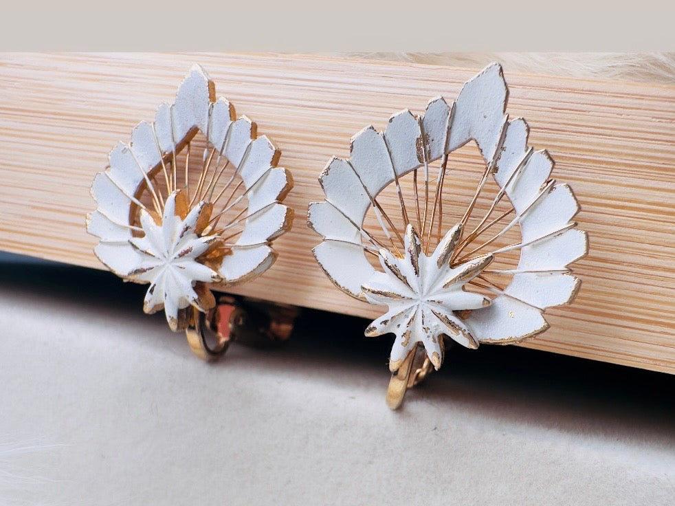 White Enamel Leaf Earrings, Vintage Whimsigoth Jewelry, Unique Gold Wire Work Clip On Earrings