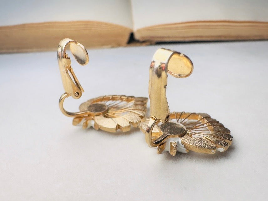 White Enamel Leaf Earrings, Vintage Whimsigoth Jewelry, Unique Gold Wire Work Clip On Earrings
