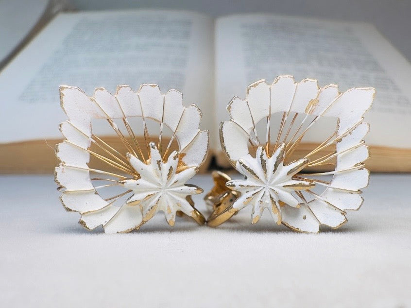 White Enamel Leaf Earrings, Vintage Whimsigoth Jewelry, Unique Gold Wire Work Clip On Earrings